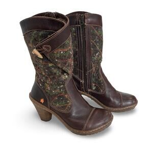 The Art Company Mid Boots Size 37 US 6.5 -7 Brown Leather Embroidered Wool Shaft